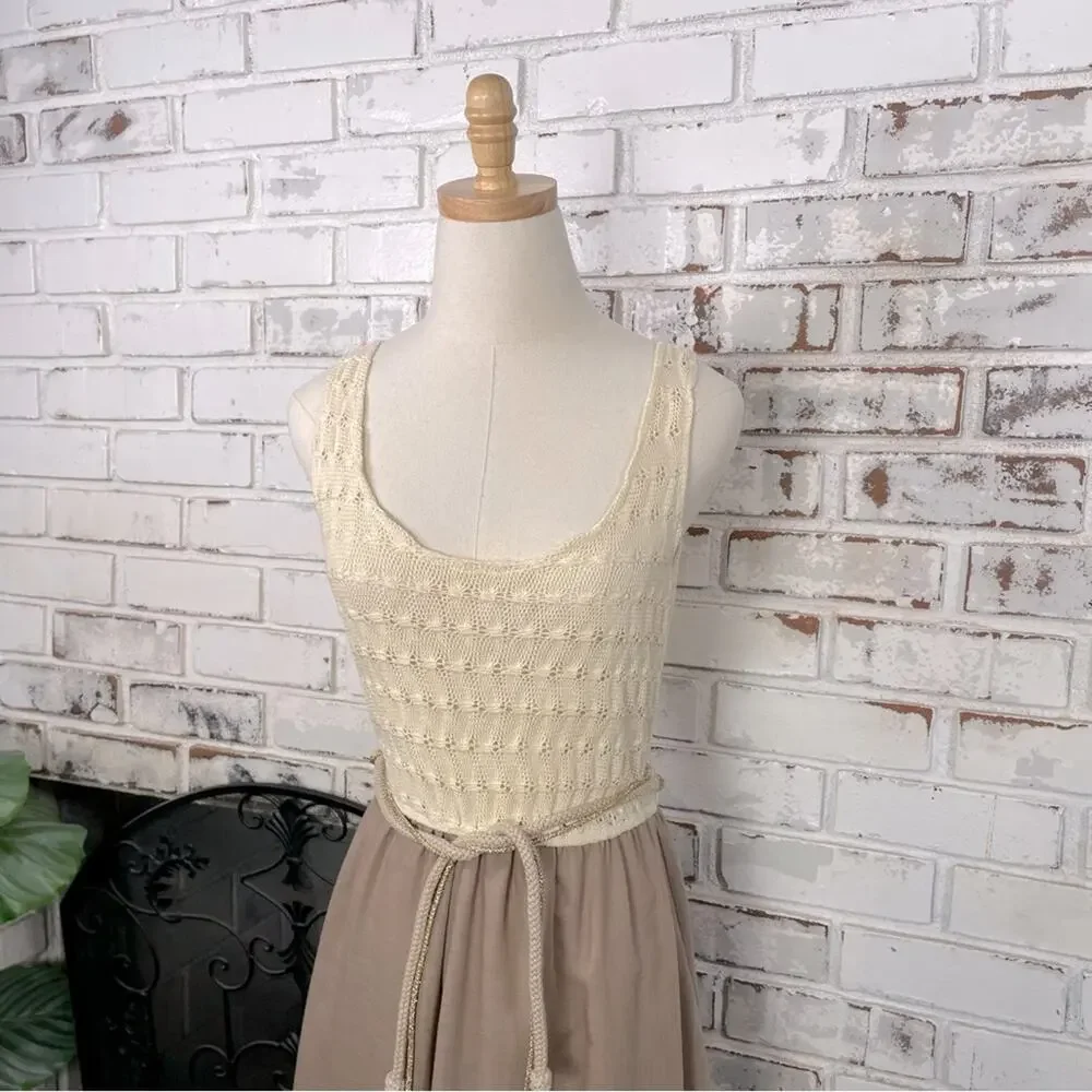 Vintage 70s Crochet Top Cream & Tan Metallic Rope Belt Pull On Midi Dress 6 - Picture 2 of 12